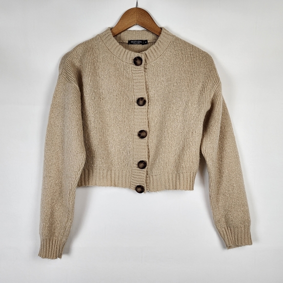 New Nasty Gal Knit Crop Top Cardigan Button Up Tan Festive Holiday Sweater Small - Picture 2 of 16